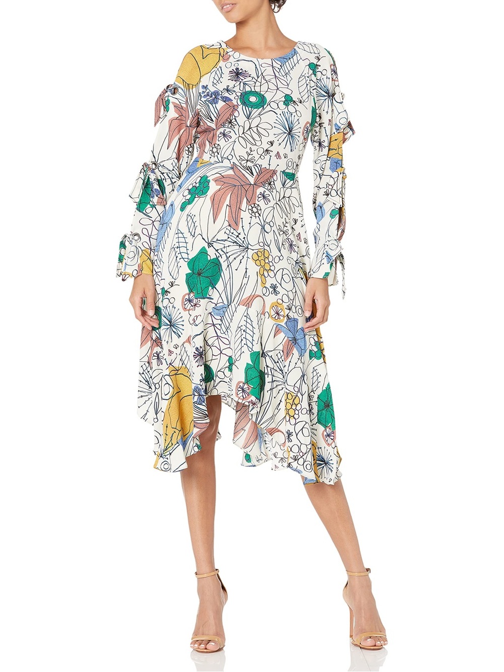 BCBGMaxAzria White Multi Floral Asymmetrical Midi Dress